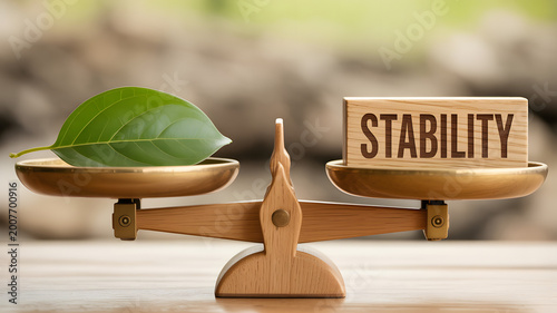 Wooden balance scale with green leaf and stability block evenly balanced, symbolizing harmony between nature, sustainability, and structural or emotional steadiness concepts

