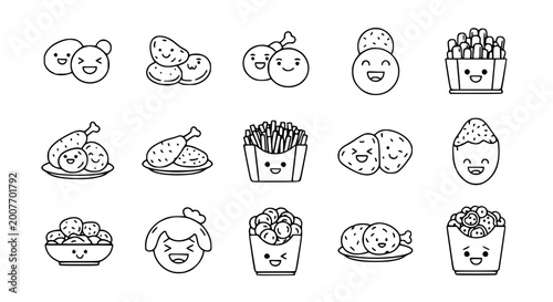 Fotografia Bundle of kawaii fast food icons featuring cute chicken nuggets french fries and fried chicken characters for children's restaurant menu and snack stickers