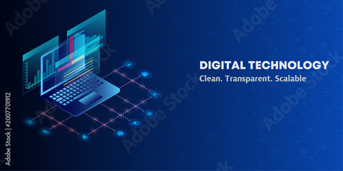 Isometric technology 3D vector illustration. Central processor chip, big data circuits and connected server cubes. Blue background for computing, semiconductor, block chain system digital concept. 