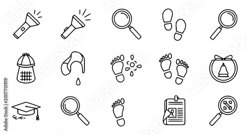 Photos Investigation and discovery icon set featuring flashlights magnifying glasses human footprints shoe prints and graduation cap for detective research and evidence tracking infographics