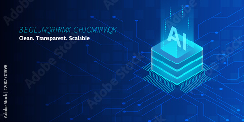 Isometric technology 3D vector illustration. Central processor chip, big data circuits and connected server cubes. Blue background for computing, semiconductor, block chain system digital concept. 
