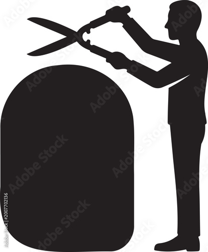 Bilde på lerret Man trimming large bush with garden shears silhouette isolated on white backgrou
