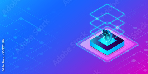 Isometric technology 3D vector illustration. Central processor chip, big data circuits and connected server cubes. Blue background for computing, semiconductor, block chain system digital concept. 