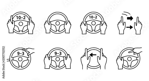 Schilderij op canvas Proper steering wheel hand placement icon set featuring ten and two and nine and three positions with turning techniques for driver safety and automotive education infographics