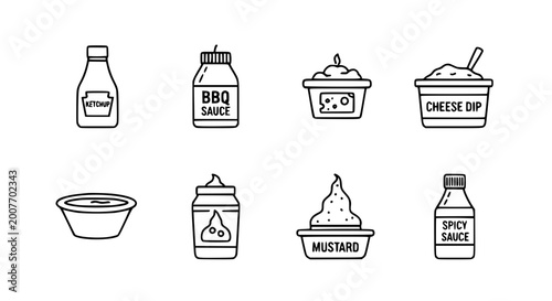 Fotografie Fast food condiment and sauce icon set featuring ketchup bbq sauce mustard cheese dip and spicy sauce bottles and bowls for restaurant menu and catering service infographics