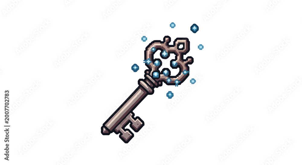 Fototapeta premium A stylized vector illustration of an antique skeleton key featuring a decorative bow surrounded by sparkling blue magical floating orbs.