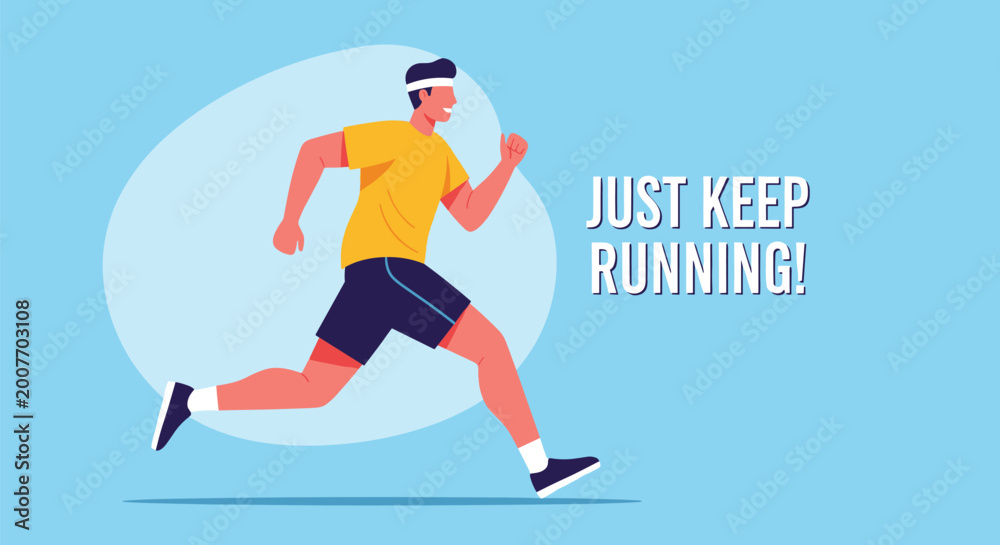 Fototapeta premium Athletic young man running with high energy against a blue background with a motivational phrase encouraging perseverance in exercise.