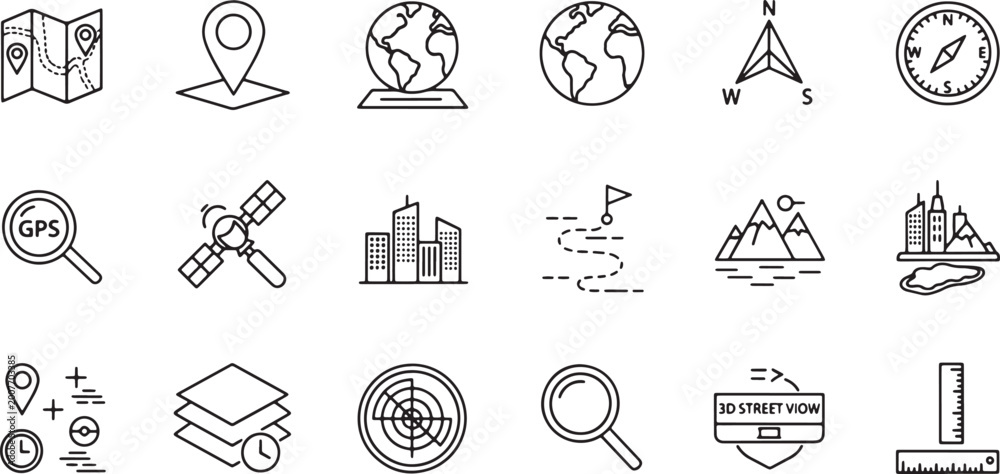 Fototapeta premium Set of navigation and mapping line icons featuring global positioning, travel routes, and geographic location symbols