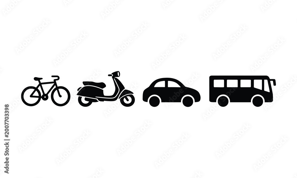 Naklejka premium Set of black transportation icons including bicycle scooter car and bus isolated on white background