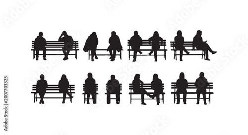 People sitting on benches vector silhouettes collection isolated on white background for various design projects.