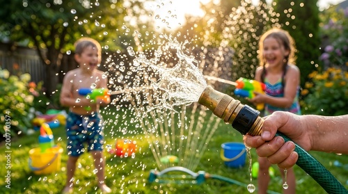 Joyful children having a fun water fight with garden hose and water guns in a sunny backyard during summer.
