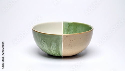 “Ceramic bowl divided vertically, glossy green marbled glaze on one side, matte beige speckled finish on the other, symbolizing contrast, craftsmanship, and artistic harmony.”