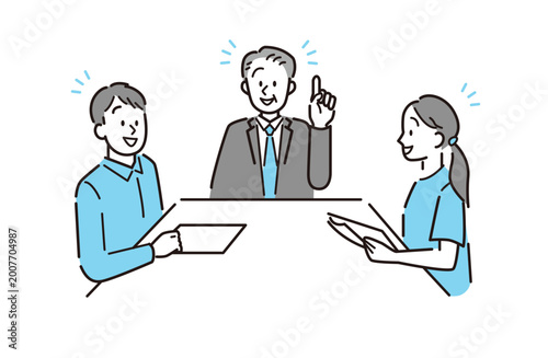 活発な会議をするビジネスパーソン、笑顔で話し合う社員たちのイラスト