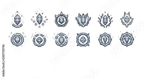 Bild auf Leinwand This set of twelve vector icons showcases stylized blue crystals encased in unique, icy frames with mystical and geometric design elements