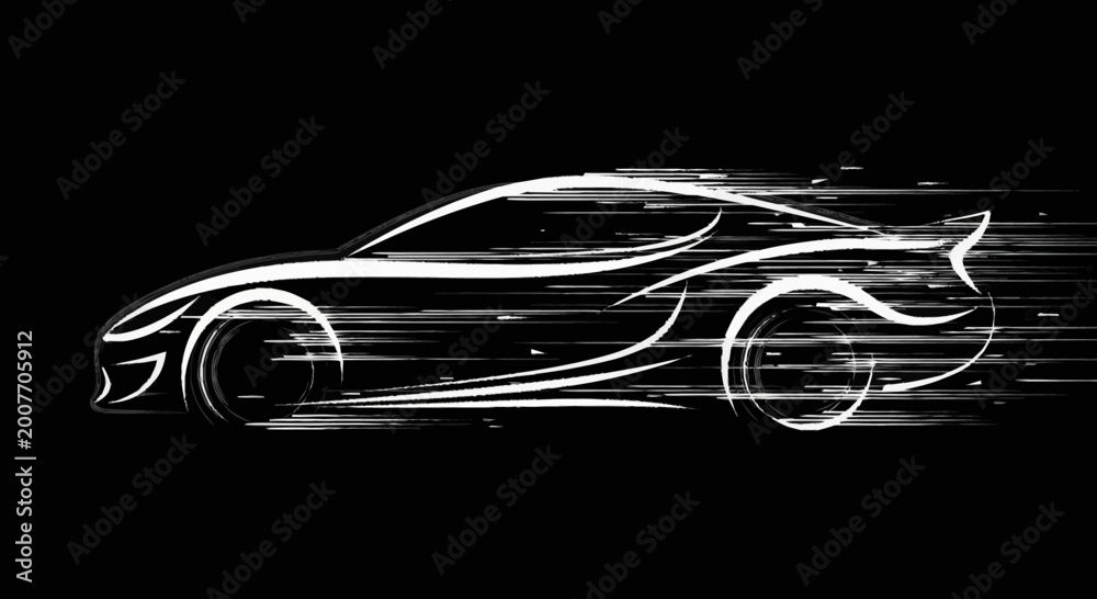 Naklejka premium Speeding white car side view.