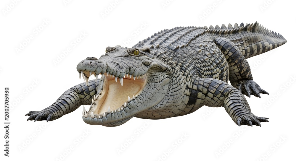 Fototapeta premium Large gray crocodile with open mouth showing sharp teeth in a side view pose