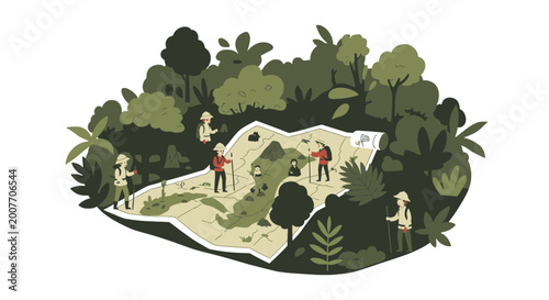 Adventure hikers navigating a trail on a large map illustration