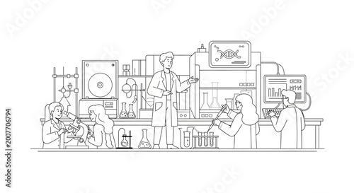 Line drawing of scientists working in a laboratory with various equipment and experiments in progress.