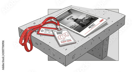Event Pass and ID Card with Magazine on Concrete Bench Illustration