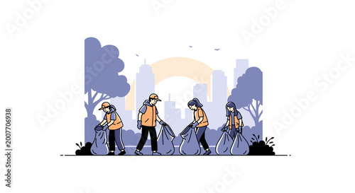 Diverse volunteers cleaning up litter in city park illustration