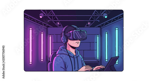 Person using virtual reality headset in futuristic neon digital space