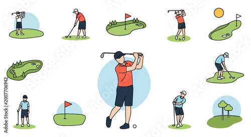 Set of Minimalist Golf Illustrations with Players and Courses