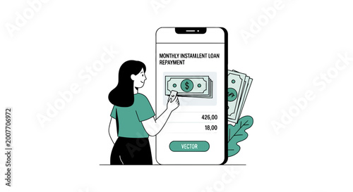 Woman making monthly loan repayment on smartphone vector illustration