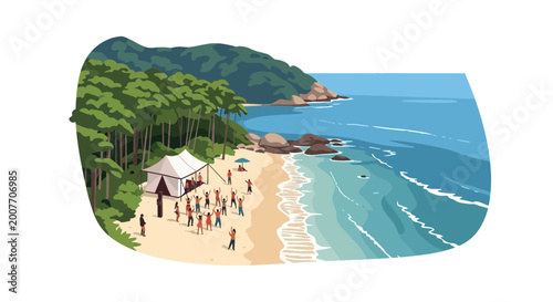 Digital art of people gathering at a tropical beach party by forest