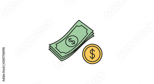Vector illustration of dollar banknotes and a golden coin