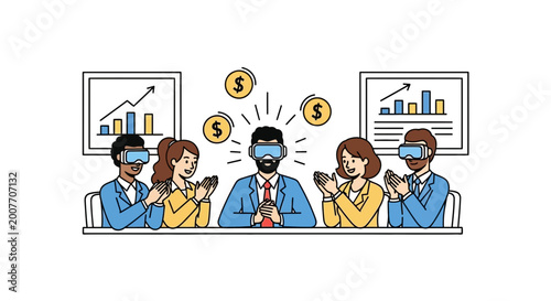 Business People Using VR Headsets for Financial Success Illustration