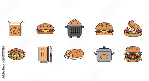 Assorted Sandwich Burger and Kitchenware Food Vector Icon Set