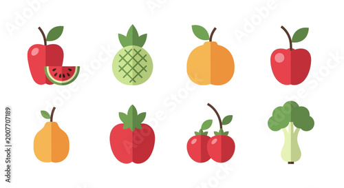 Flat vector fruit and vegetable icon set on white background