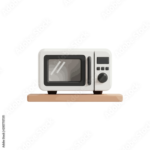 Modern white microwave oven vector illustration on wooden shelf