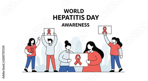 World Hepatitis Day Awareness People with Red Ribbon Illustration