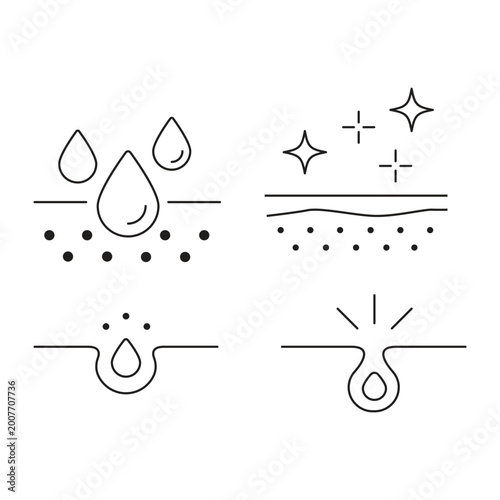 Foto Vector outline icons for dermatology, featuring skin moisturizing, pore care, and glowing skin health