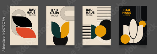 Abstract floral bauhaus posters featuring organic shapes and geometric elements minimalist mid century modern art set black.