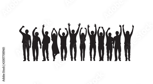 Silhouettes of a diverse group of people raising hands in unity and celebration expressing community and togetherness illustration.