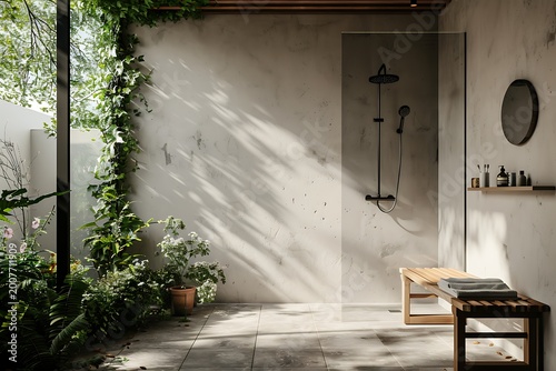 Minimalist white room with hanging plant and wooden stool