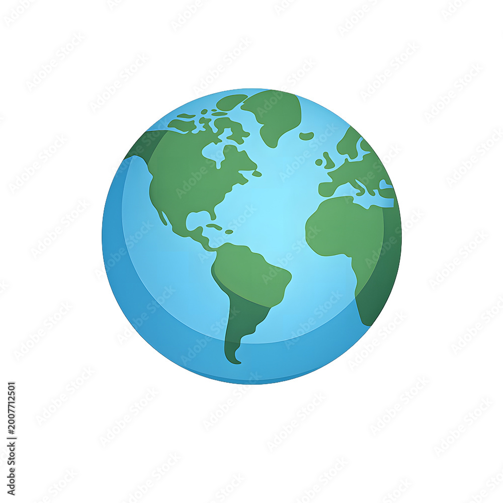 Fototapeta premium Round globe with green land and blue oceans. Simple cartoon style with soft shadows. Ideal for global themes or environmental concepts. Perfect for presentations, apps, or educational materials