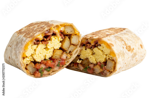 Tableau sur toile Large breakfast burrito cut in half, revealing internal layers of scrambled eggs, crispy breakfast potatoes, sausage, and melted cheese