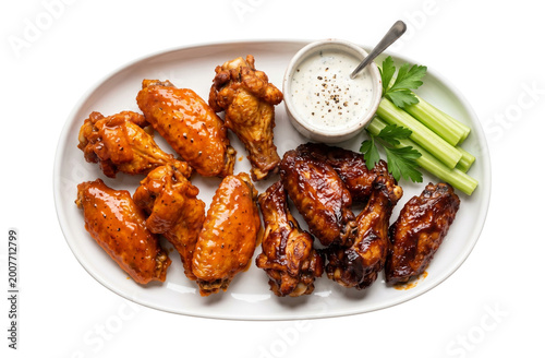 Photos Plate of crispy buffalo chicken wings and bbq wings, served with a side of creamy ranch dipping sauce and fresh celery sticks