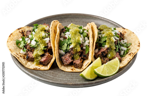 Foto Three authentic Mexican street tacos with grilled steak meat, fresh cilantro, diced onions, and green salsa, served with lime wedges