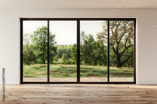 Minimalist white-framed sliding glass door opening to lush green garden