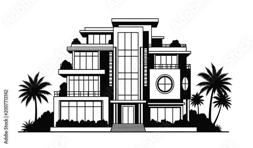 modern villa illustration with palm trees black and white architectural drawing on a white background high quality professional detailed elegant stylish clean crisp vibrant