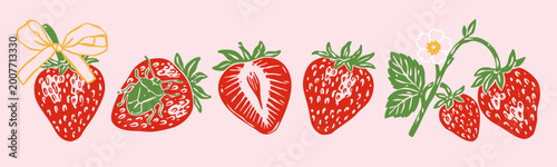 Juicy ripe Strawberry set. Whole, sliced berries, on branch, with leaves, flower, ribbon, bug. Healthy, fresh fruits. Hand drawn trendy Vector illustration. Isolated design elements
