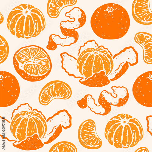 Delicious Tangerine set. Ripe orange mandarin satsuma fruit. Whole, sliced, peeled, piece, skin. Hand drawn trendy Vector illustration. Tasty, healthy food concept. Square seamless Pattern, wallpaper