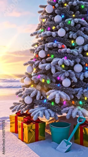 Festive Christmas Tree on a Tropical Beach Decorated with Colorful Lights and Gift Boxes at Sunset for Holiday Travel Promotions. Vertical. Video. Portrait Orientation.