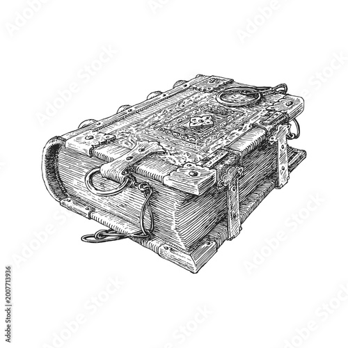 Book with chain, hand drawn illustration in vector