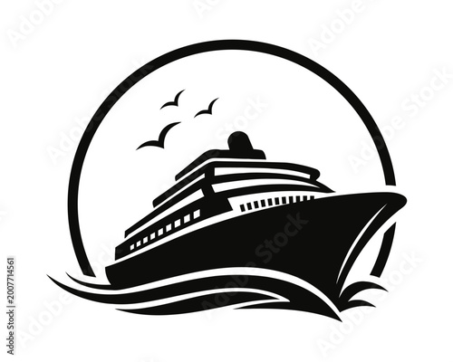 Cruise Ship Badge Silhouette Vector, Ocean Travel Logo Emblem, Nautical Tourism Boat Symbol with Waves Illustration