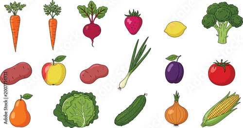 Vegetable and fruit vector set. Hand-drawn carrots, beets, onions, tomatoes, and more in vibrant, colorful style. Ideal for food and botanical illustrations